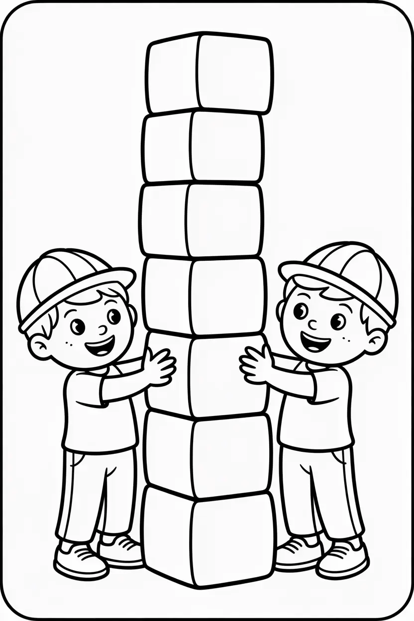 two kids pretending to be builders stacking giant toy blocks