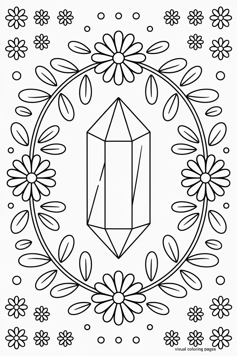 two large crystals with flowers and leaves coloring page