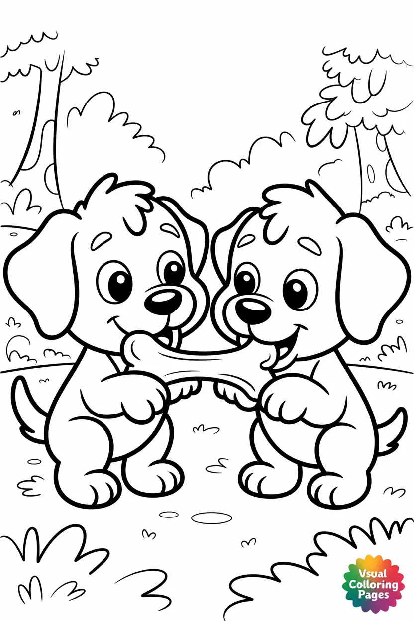 two puppies sharing a big bone