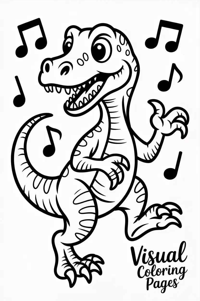 velociraptor dancing happily with music notes floating around