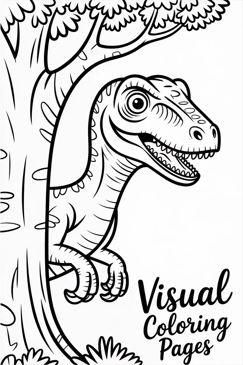 velociraptor peeking out from behind a tree