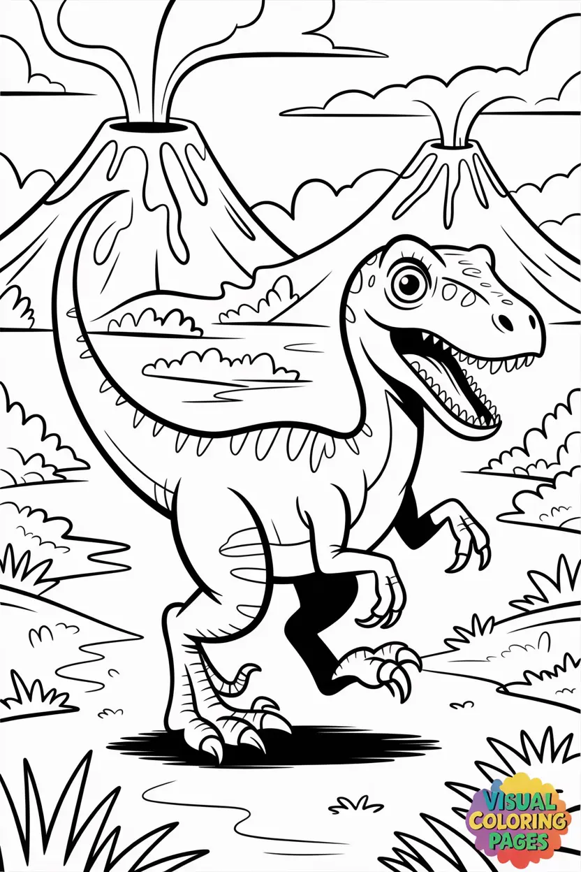 velociraptor running joyfully across prehistoric land with volcanoes in the background
