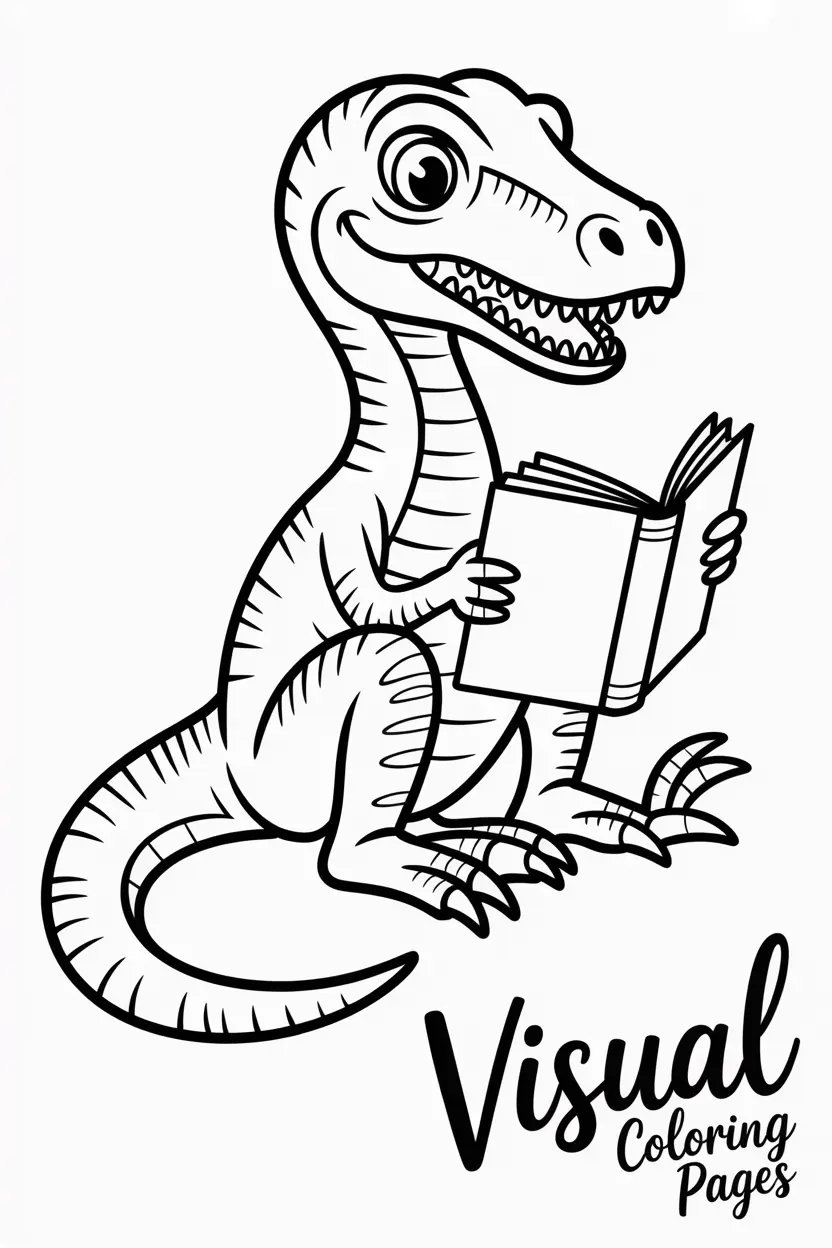 velociraptor sitting and reading a book
