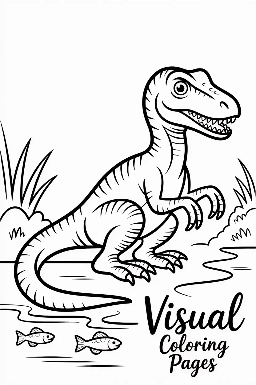 velociraptor sitting peacefully next to a river with fish swimming