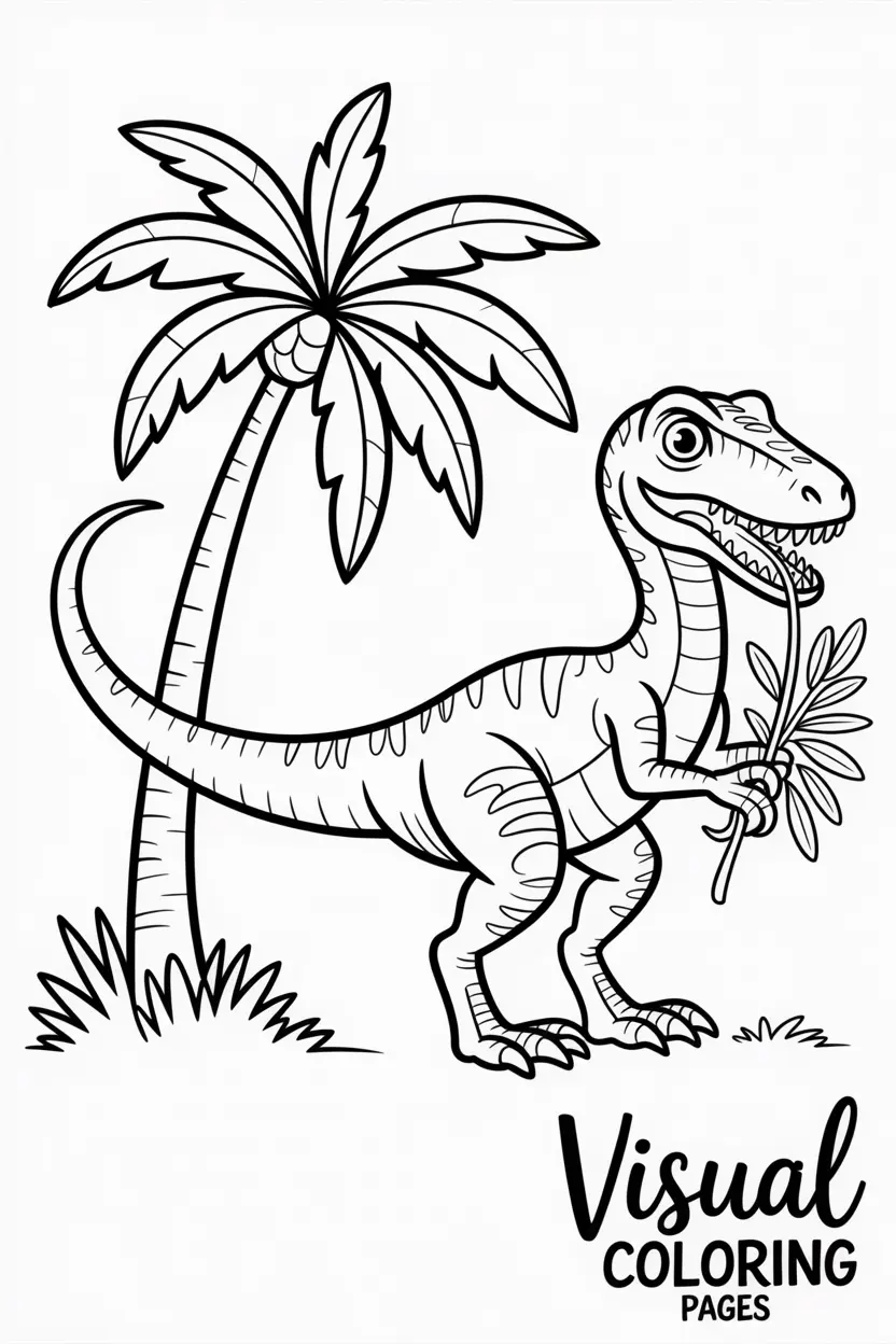 velociraptor standing next to a palm tree eating leaves