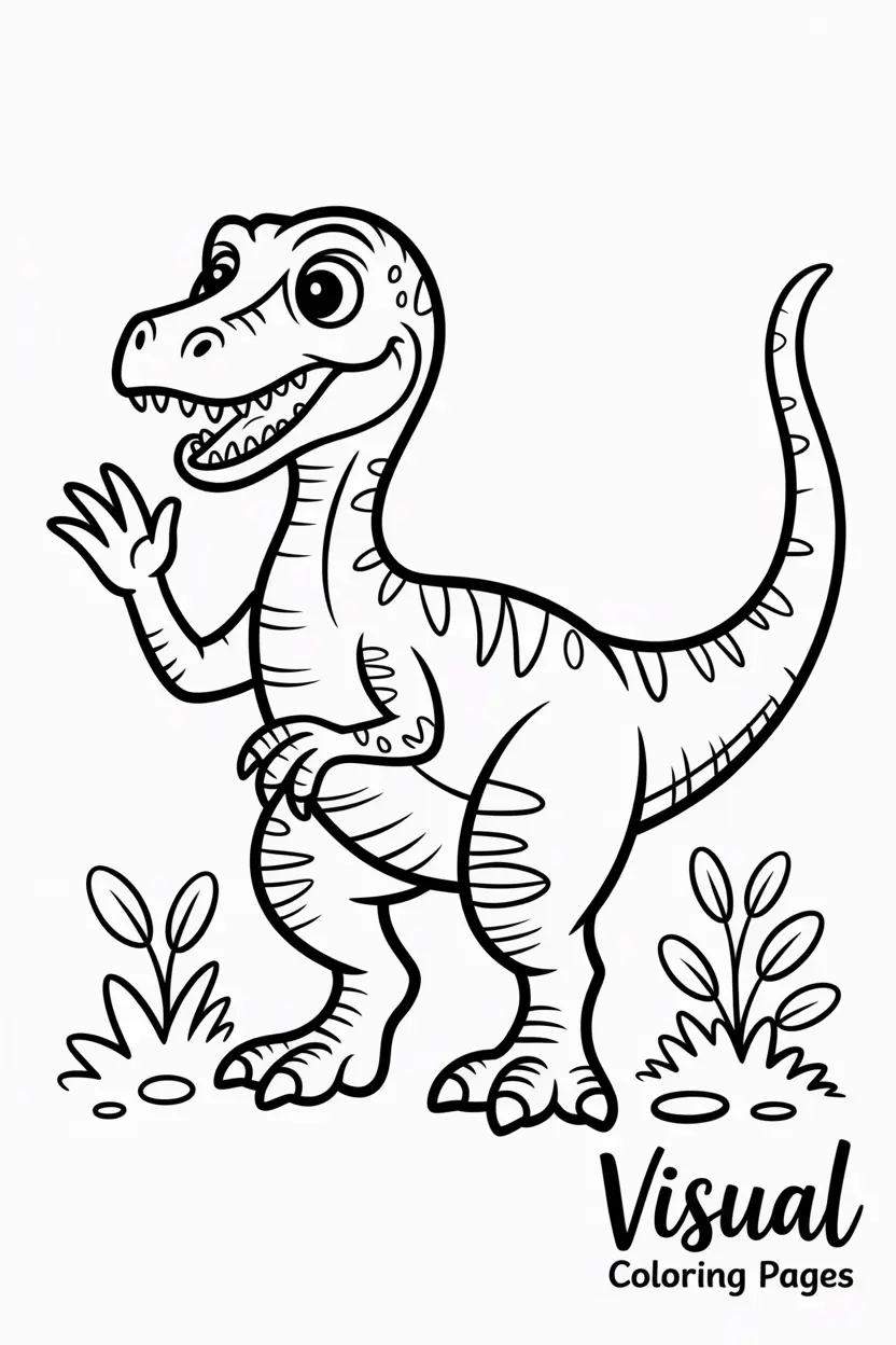 velociraptor waving happily with small plants and stones around