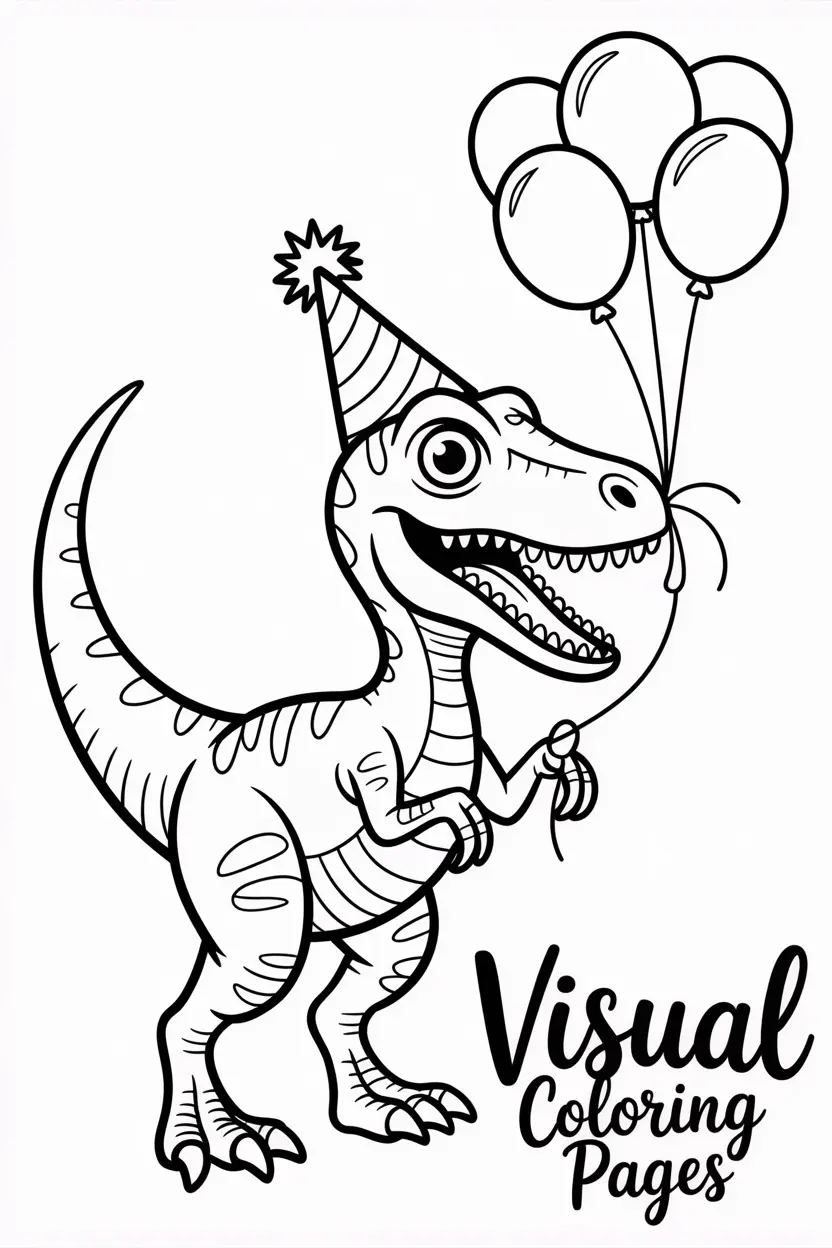 velociraptor with a party hat blowing balloons