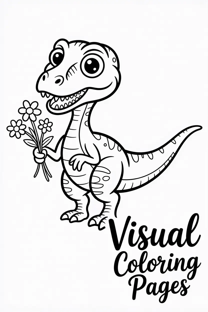 velociraptor with big cartoon eyes and tiny arms holding flowers