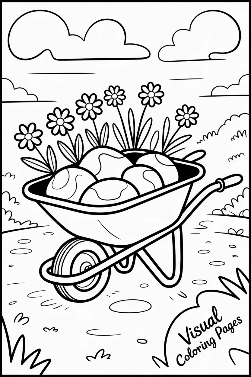 wheelbarrow full of rocks with flowers