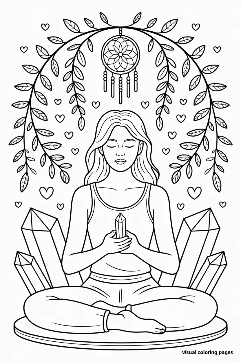 woman holding a crystal while meditating coloring page