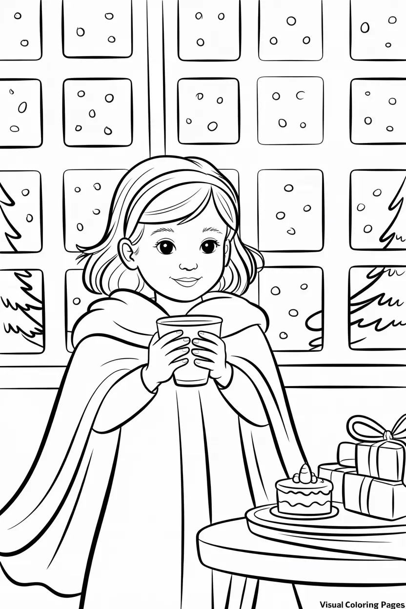 woman in dress and cape drinking coffee on christmas day by window bay