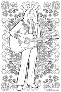 woman lying on a flower field while holding her guitar coloring sheet