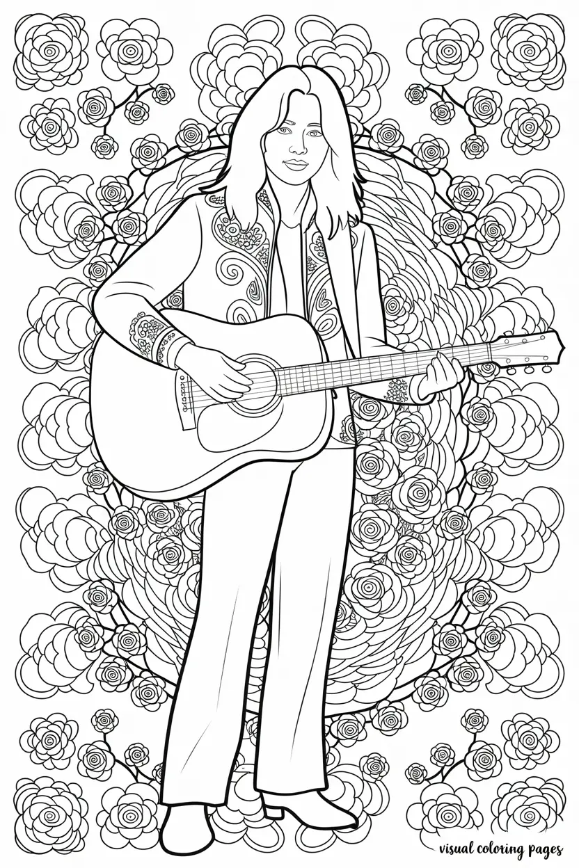 woman lying on a flower field while holding her guitar coloring sheet