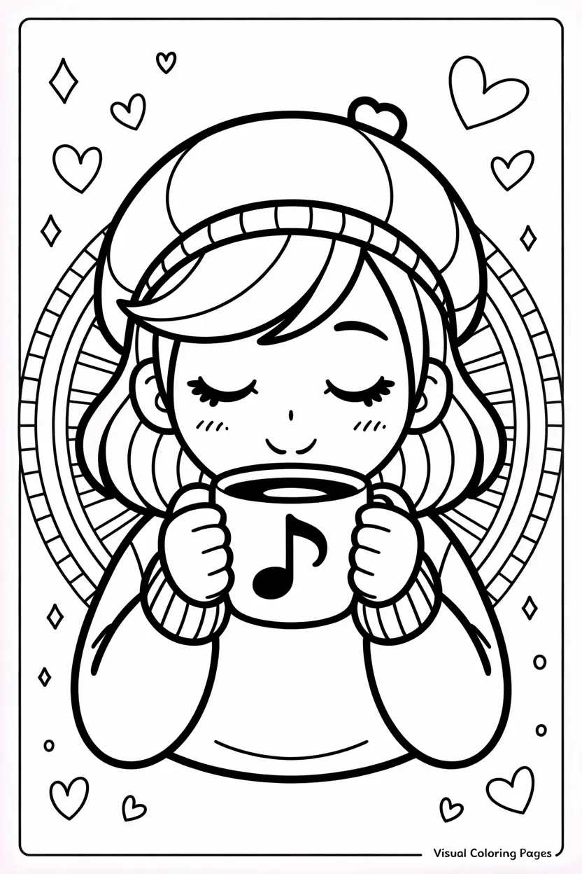 woman wearing beret drinking coffee coloring page for kids