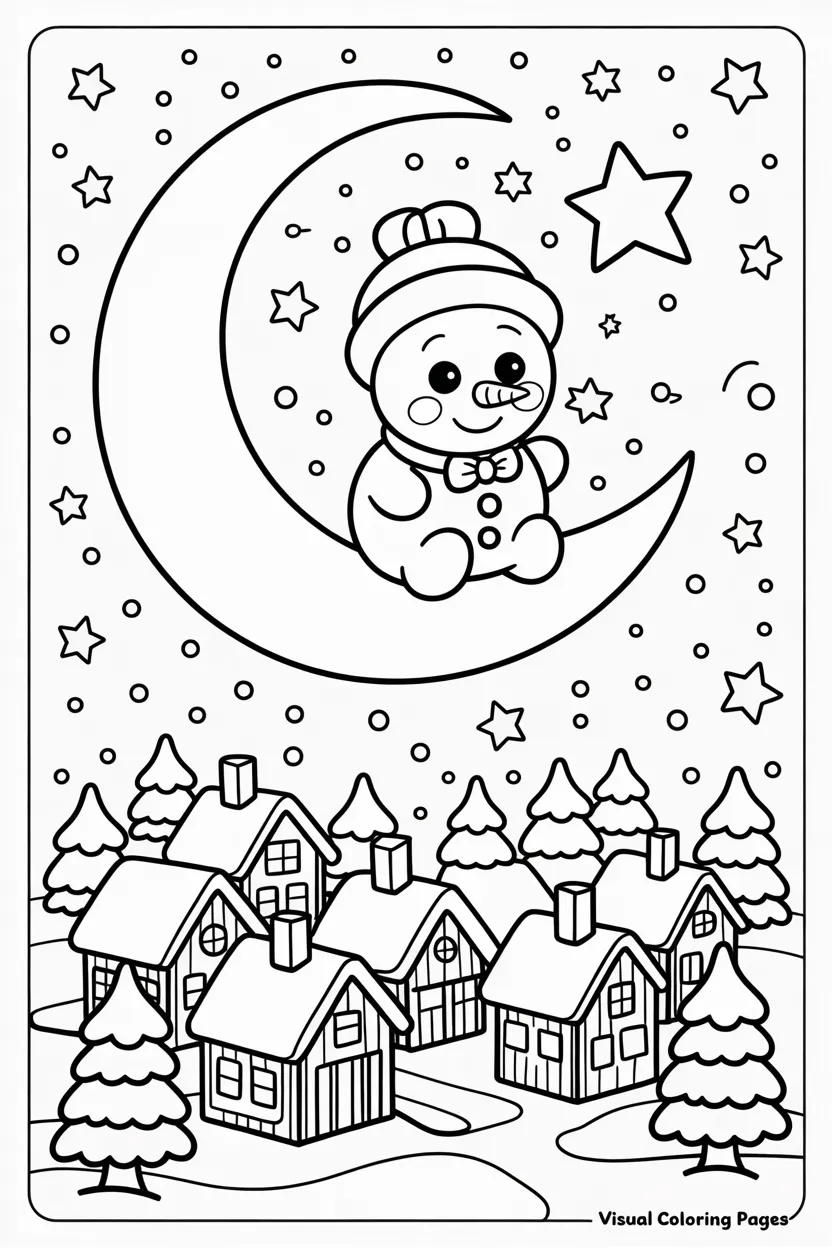 adorable snowman sitting on a crescent moon above a snowy village coloring sheet for kids