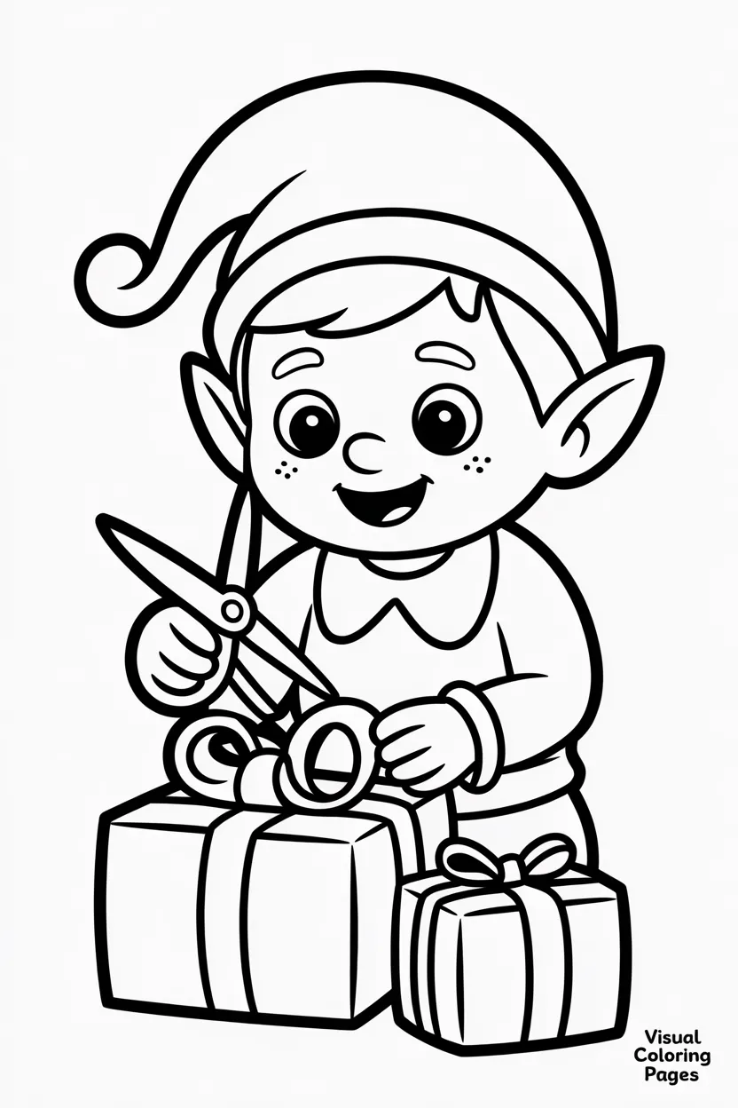 an elf wrapping presents with scissors tape and ribbon