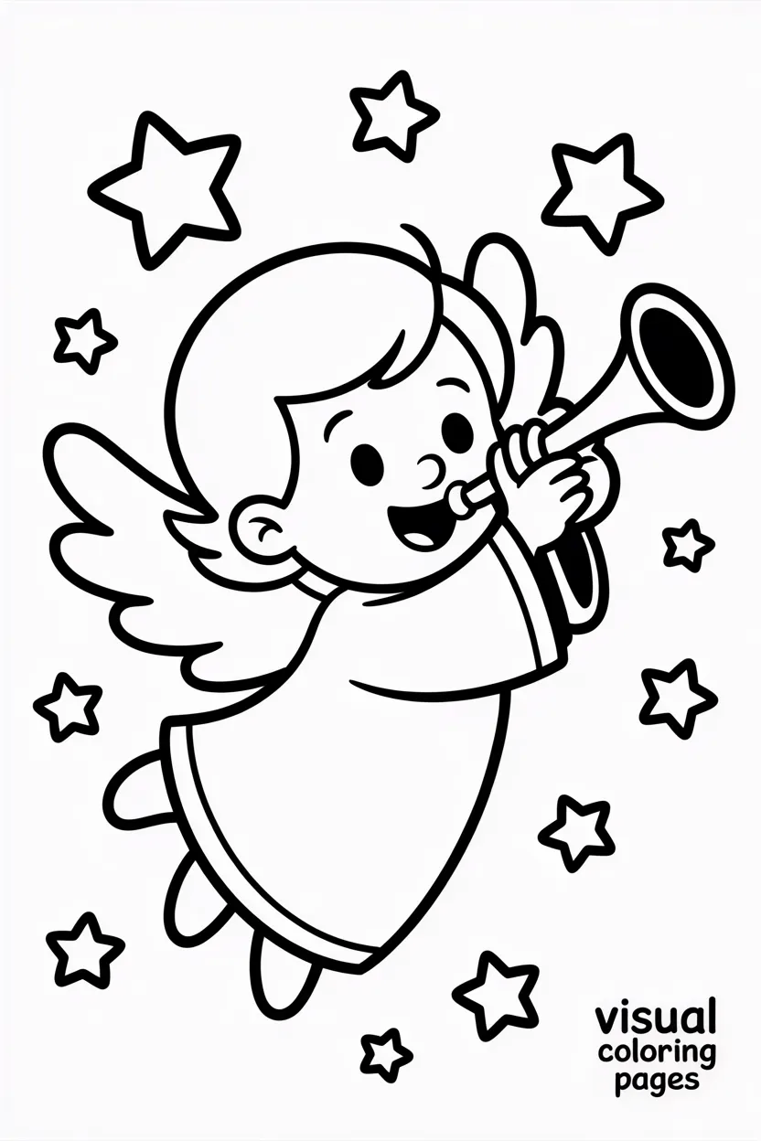 angel with trumpet surrounded by stars