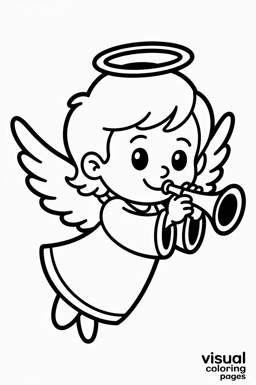 angel with wings and halo smiling and holding a trumpet