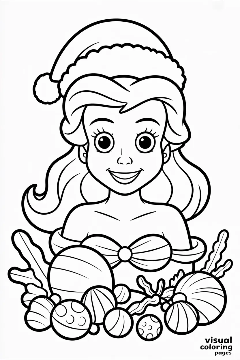 ariel the Little mermaid wearing a santa hat surrounded by seashell ornaments