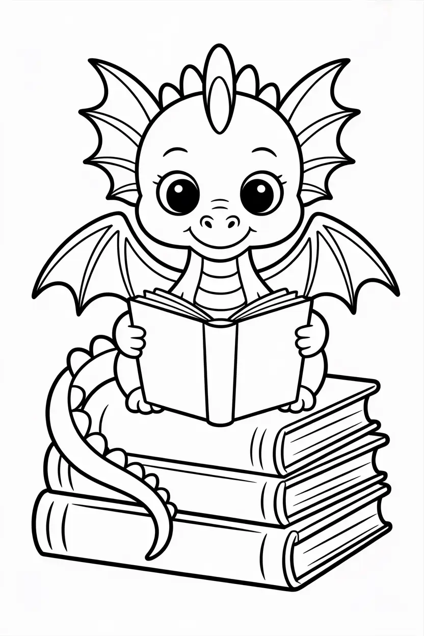 baby dragon sitting on a pile of books reading a fairy tale kids