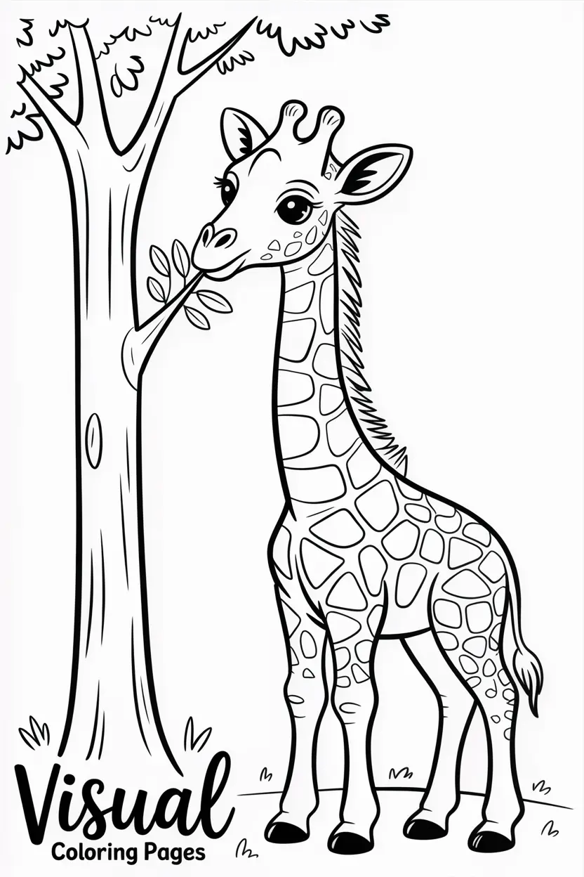 baby giraffe eating leaves from a tall tree coco
