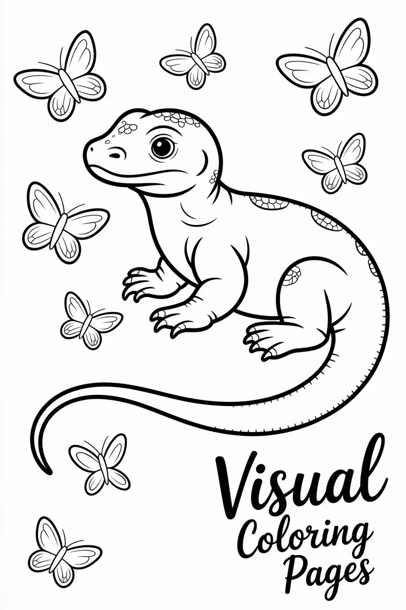 baby komodo dragon surrounded by butterflies