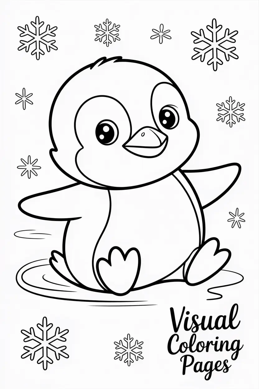 baby penguin sliding on ice with snowflakes coco