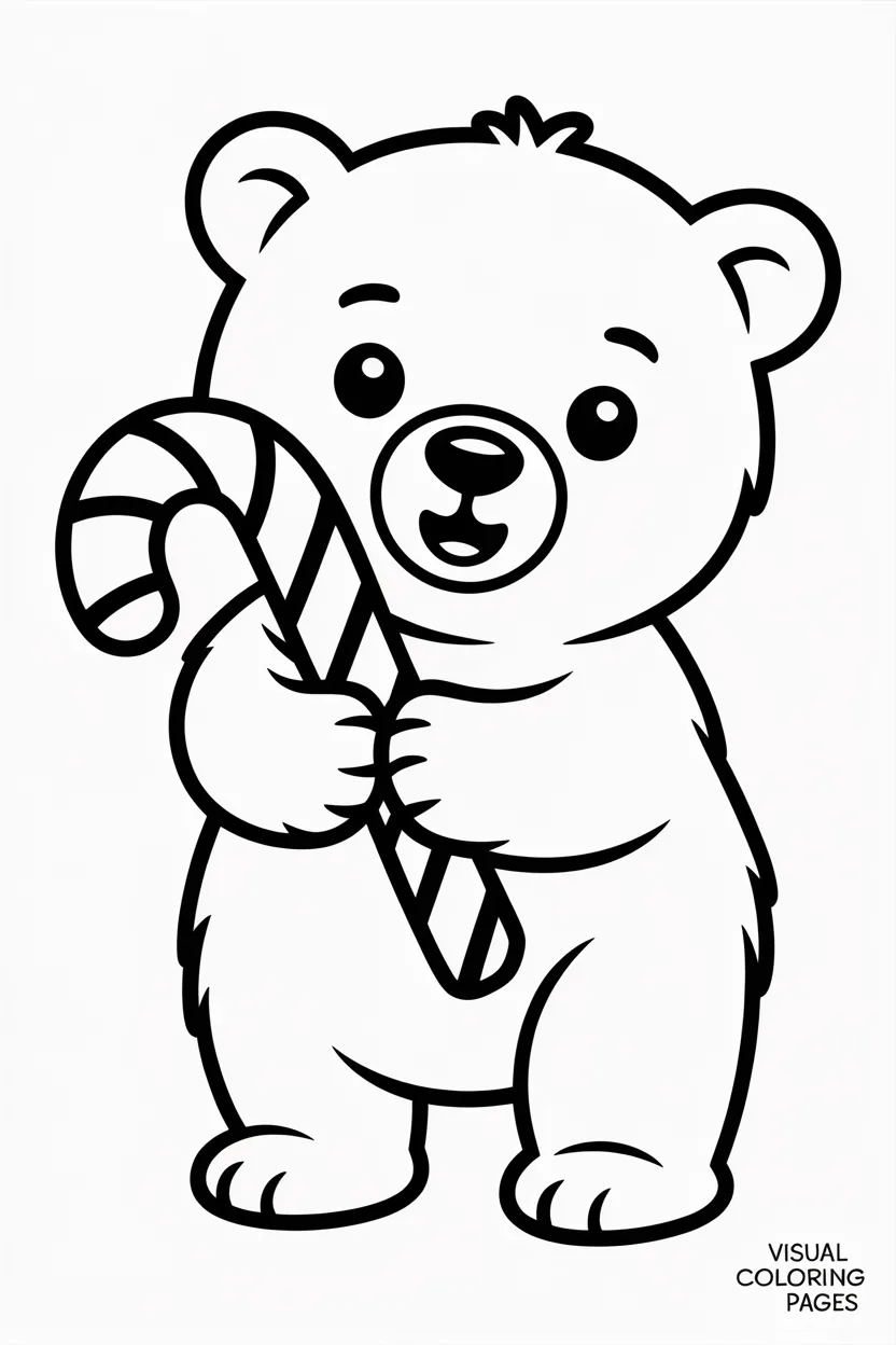 baby polar bear hugging a candy cane