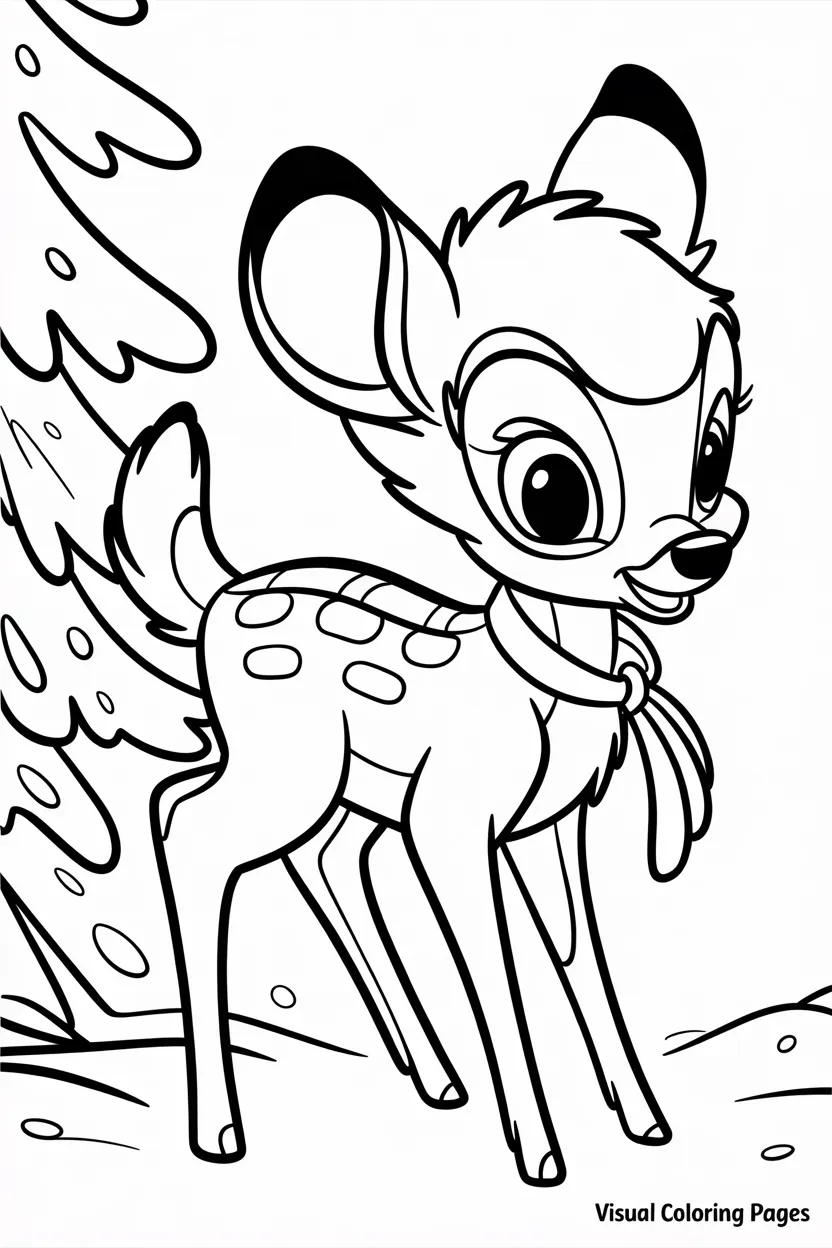 bambi with a red ribbon collar standing near a snowy christmas tree