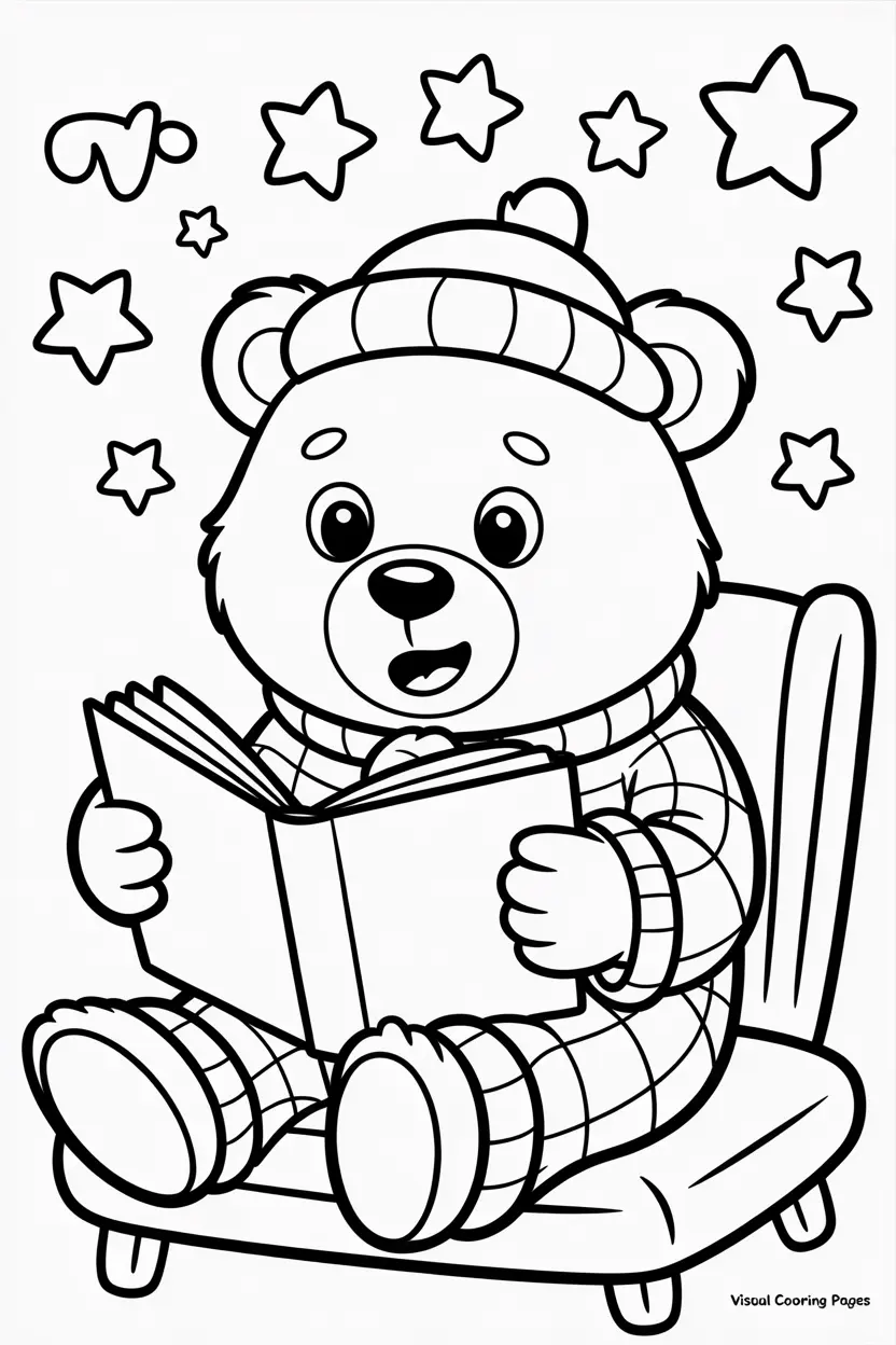 bear wearing pajamas and reading a bedtime story under the stars kids