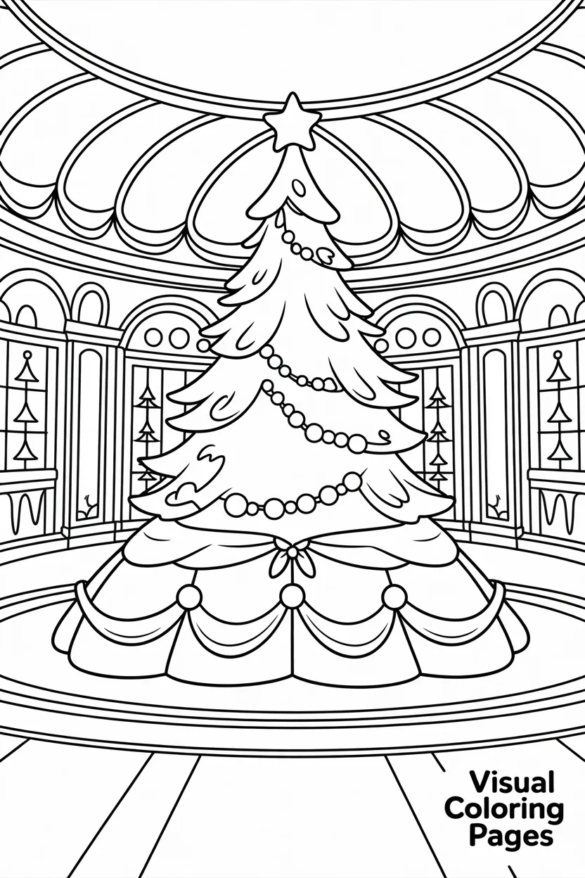 beauty and the beast ballroom decorated for christmas with a giant tree in the middle