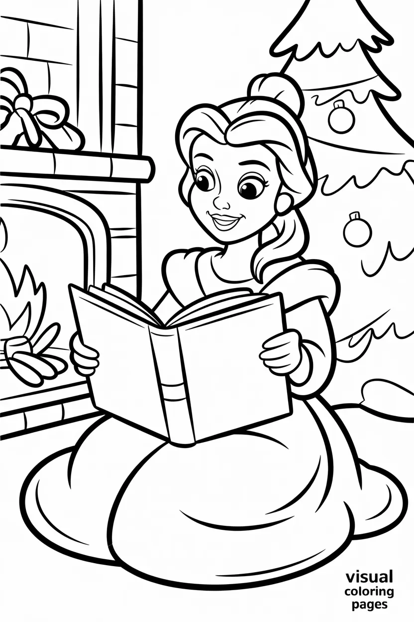 belle from beauty and the beast reading a christmas story near a fireplace with a decorated tree