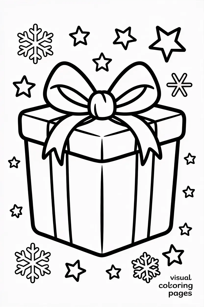 big christmas present with a giant bow surrounded by stars and snowflakes