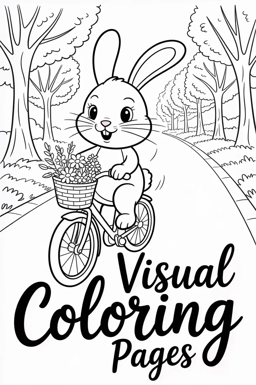 bunny riding a bicycle with a basket full of flowers