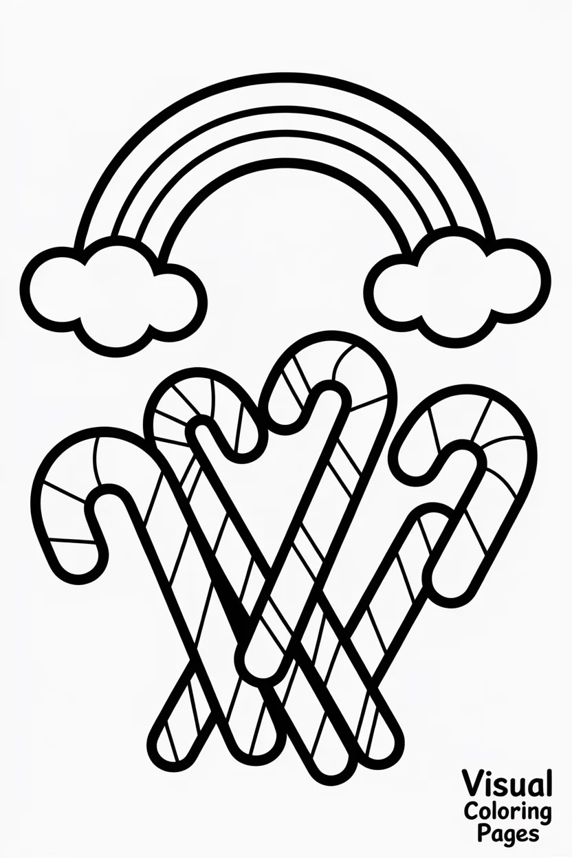 candy canes arranged as a rainbow arc with clouds