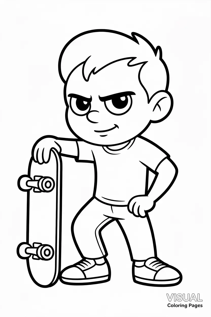cartoon baddie posing with skateboard leaning casually