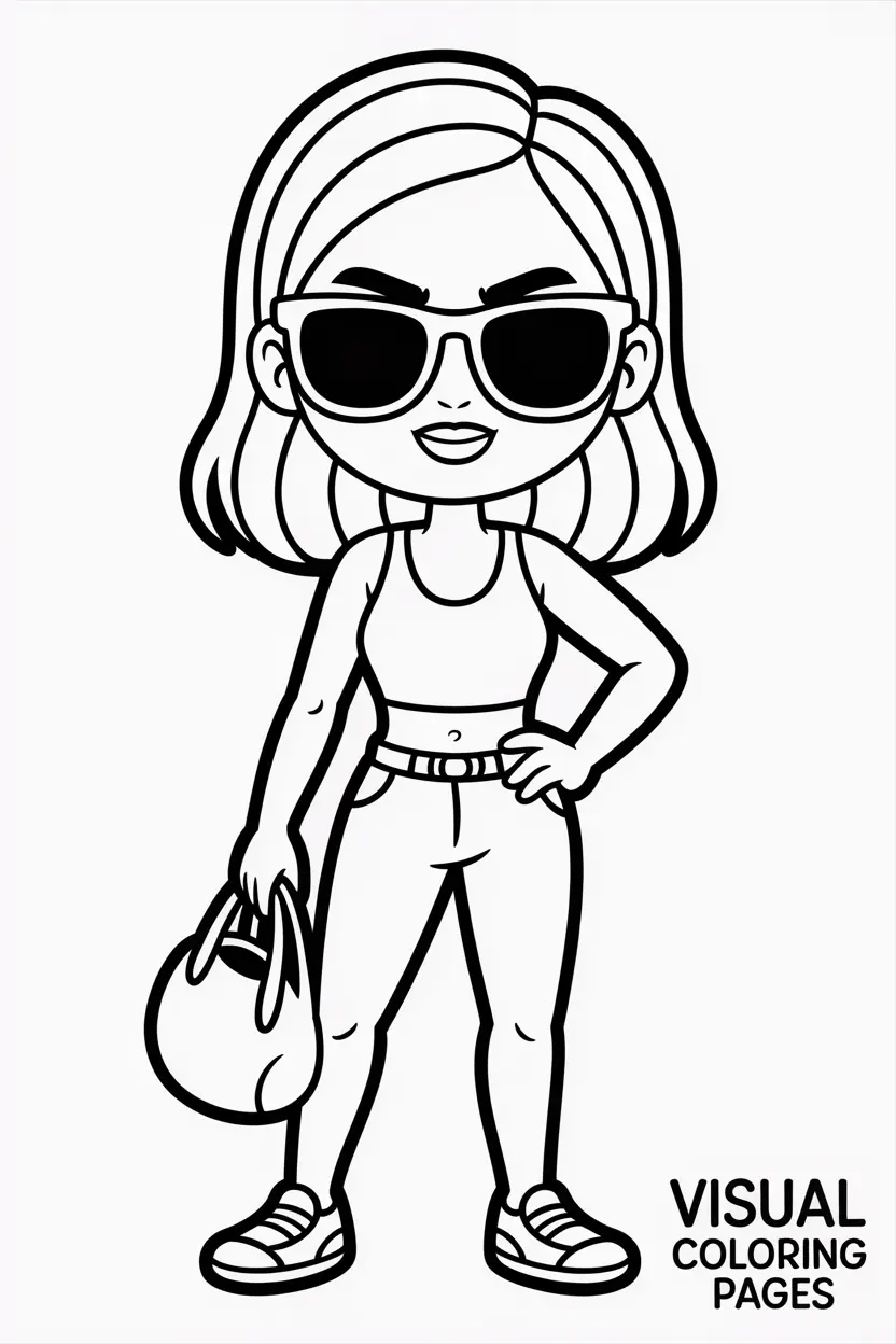 cartoon baddie with sunglasses and crop top holding a bag