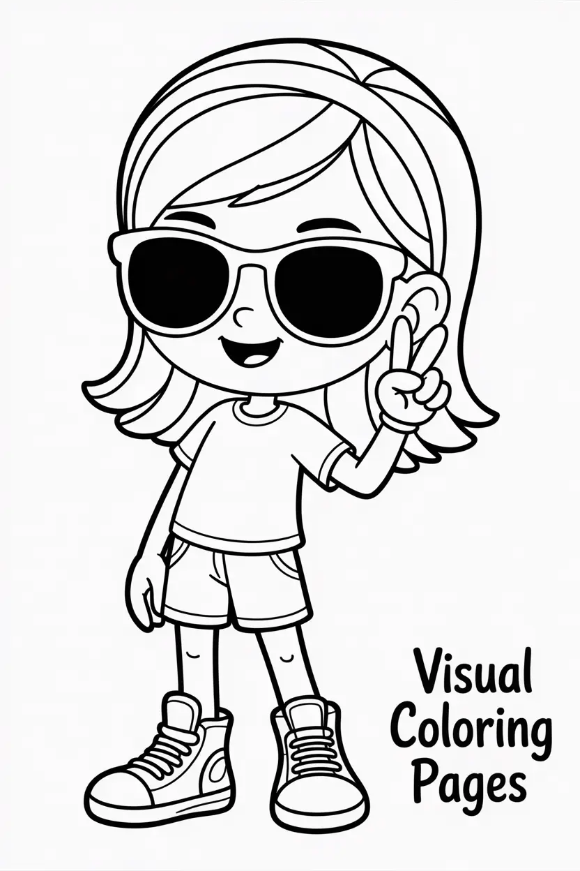 cartoon girl with sunglasses and high top sneakers making a peace sign