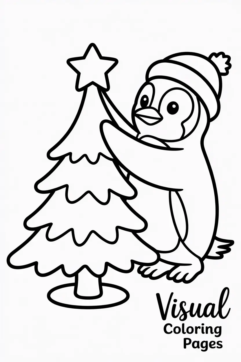cartoon penguin placing a star on top of the christmas tree