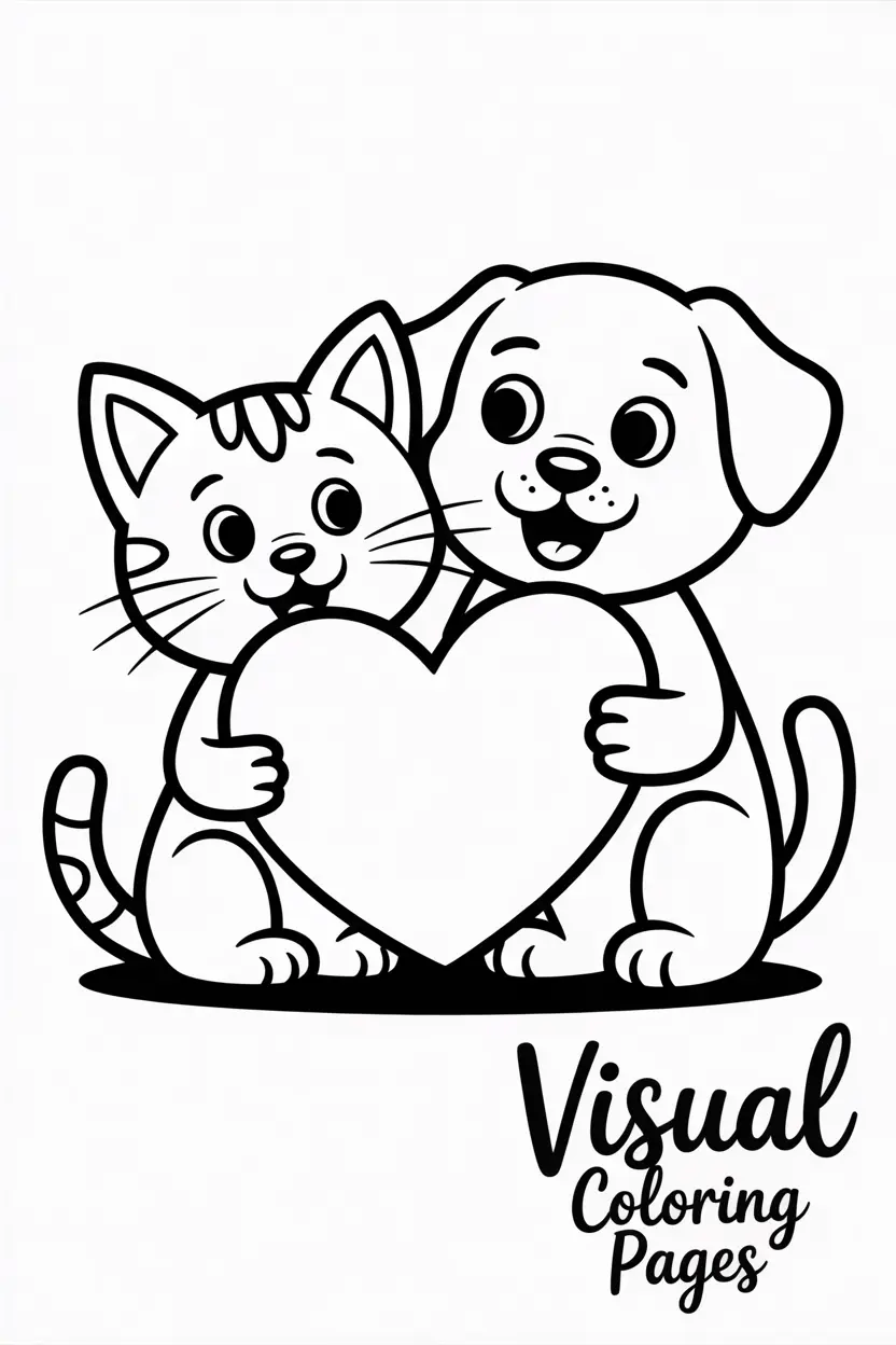 cat and dog sitting together holding a giant heart