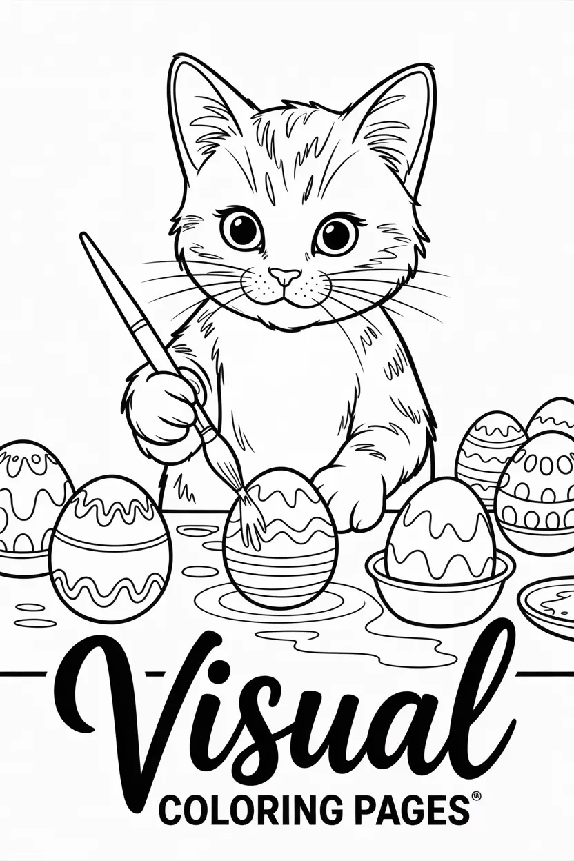 cat painting easter eggs on a table with dye and decorations
