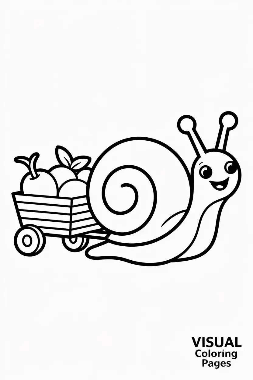 cheerful snail pulling a small wagon with fruit inside