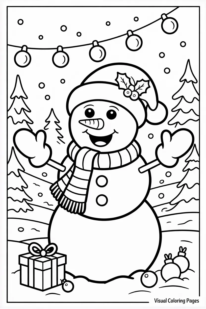 cheerful snowman decorated with holly and surrounded by trees coloring page for kids