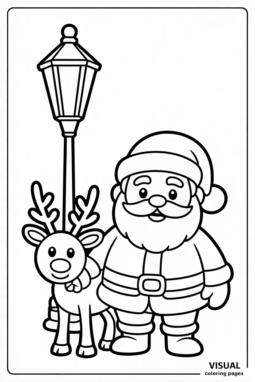 chibi rudolph and santa under a lamppost coloring page for preschoolers