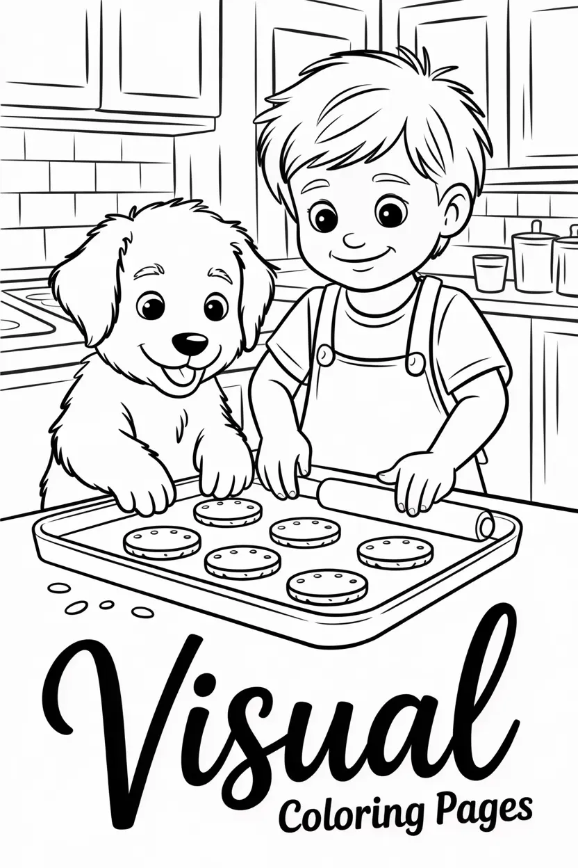 child and a puppy baking cookies in a warm kitchen