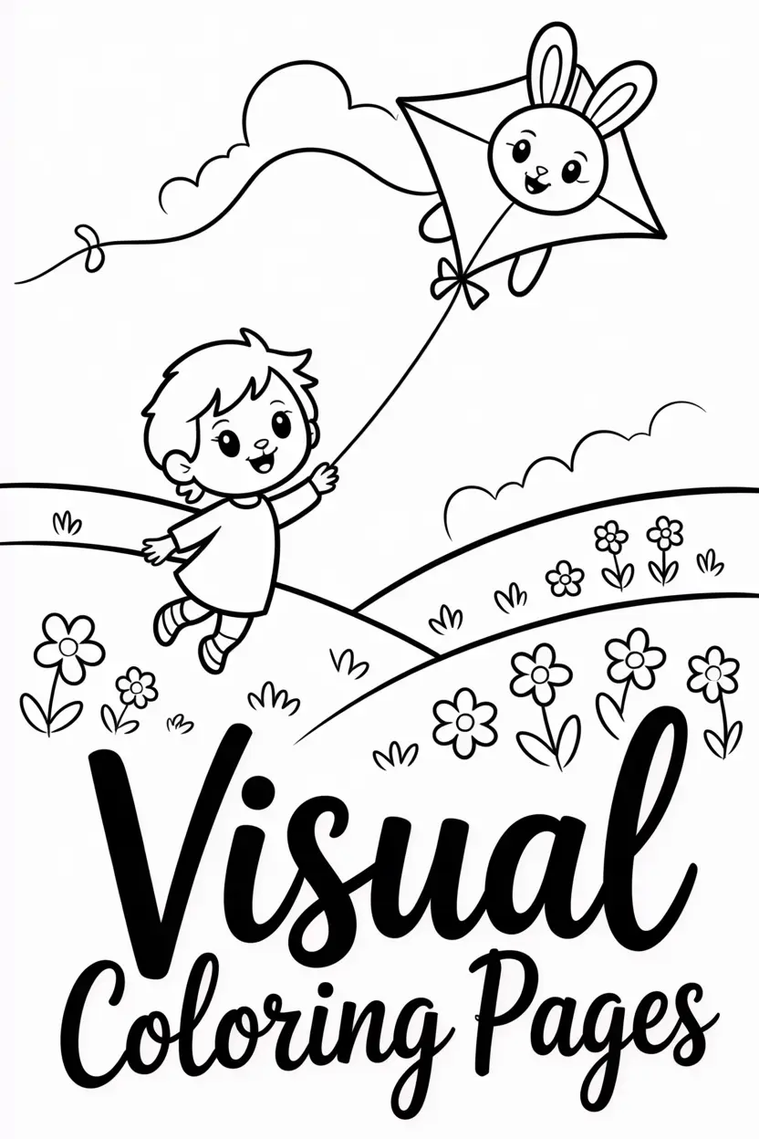 child flying a kite shaped like a bunny over rolling hills with flowers