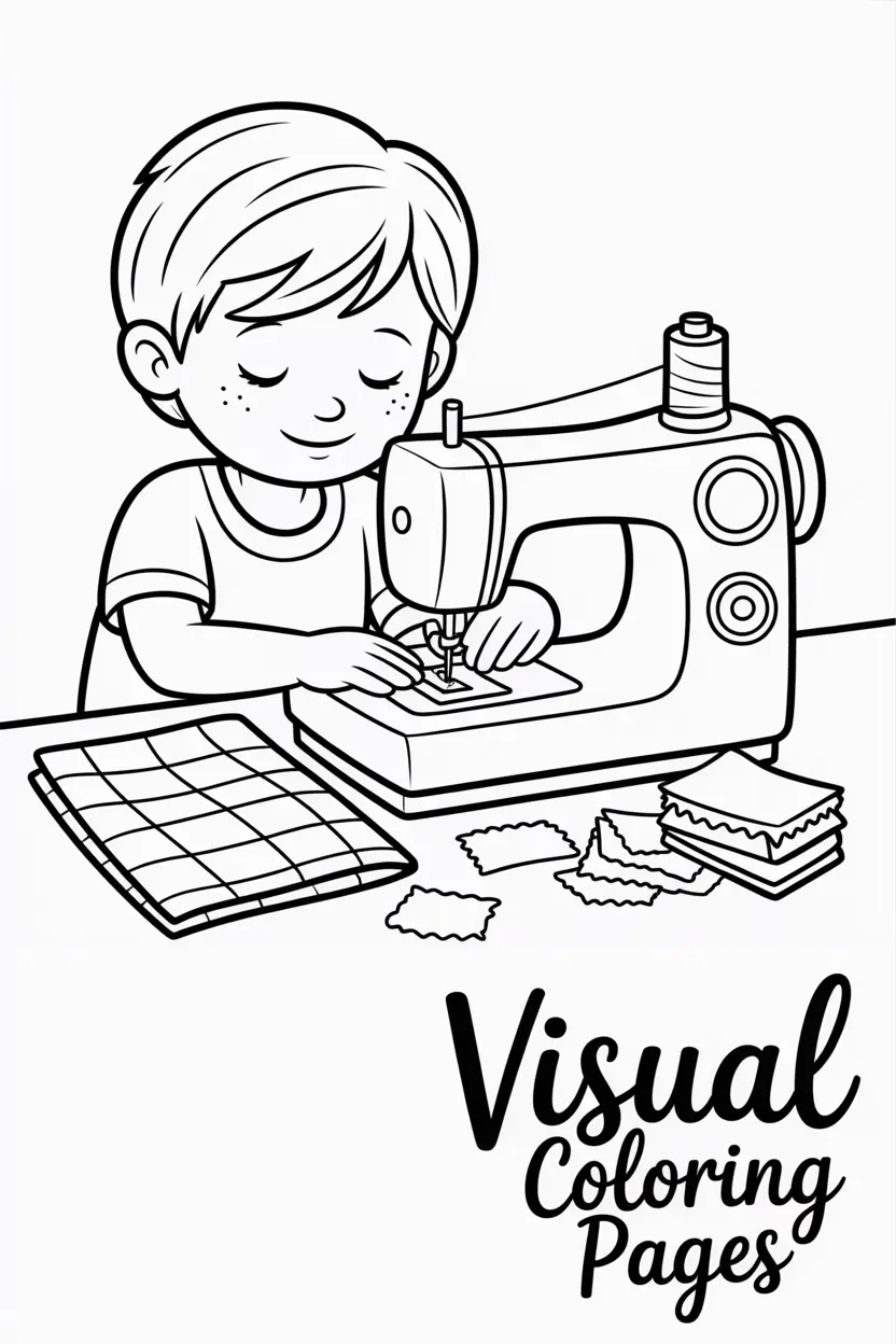 child making a quilt on a sewing machine surrounded by fabric scraps