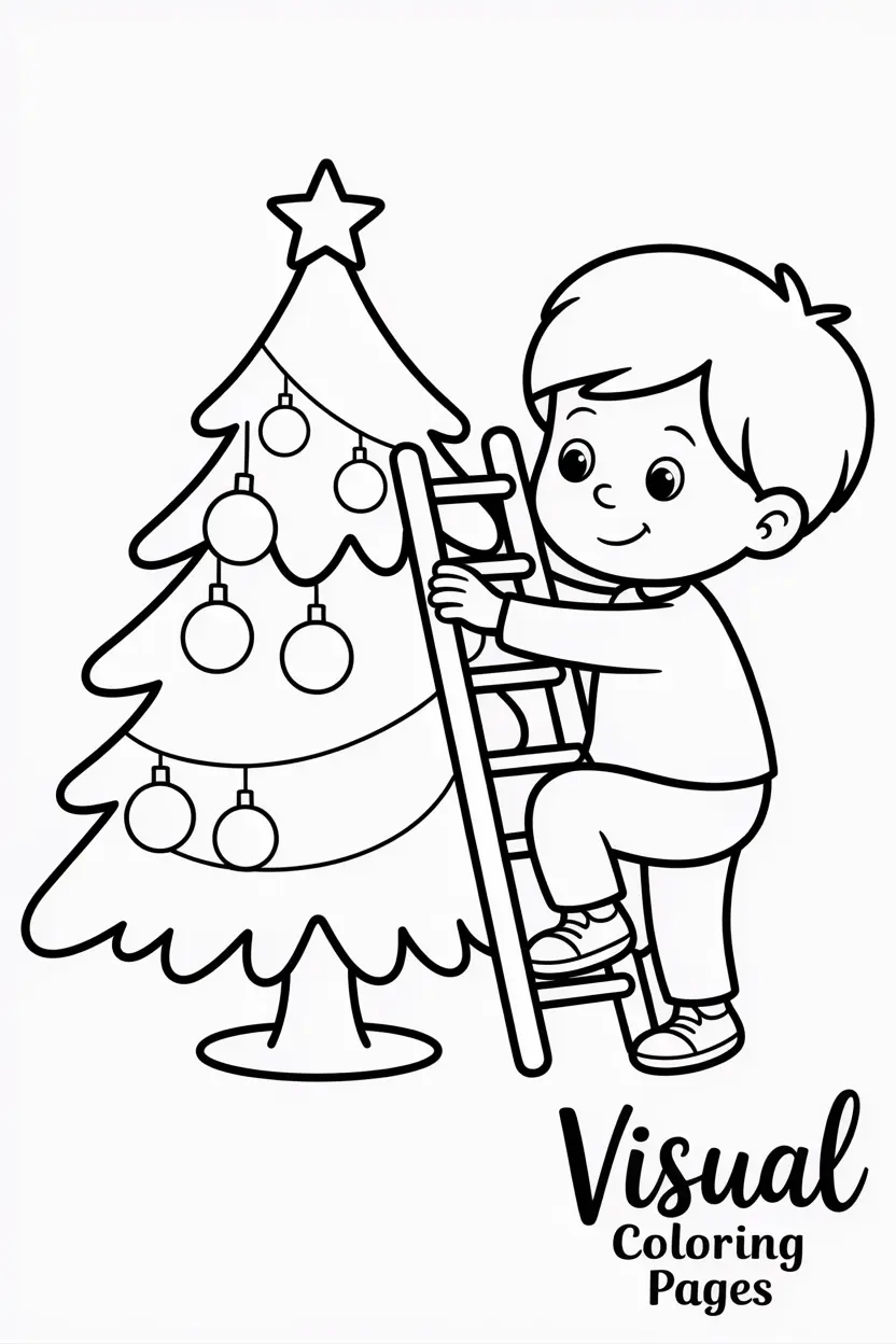 child placing ornaments on the christmas tree with a ladder