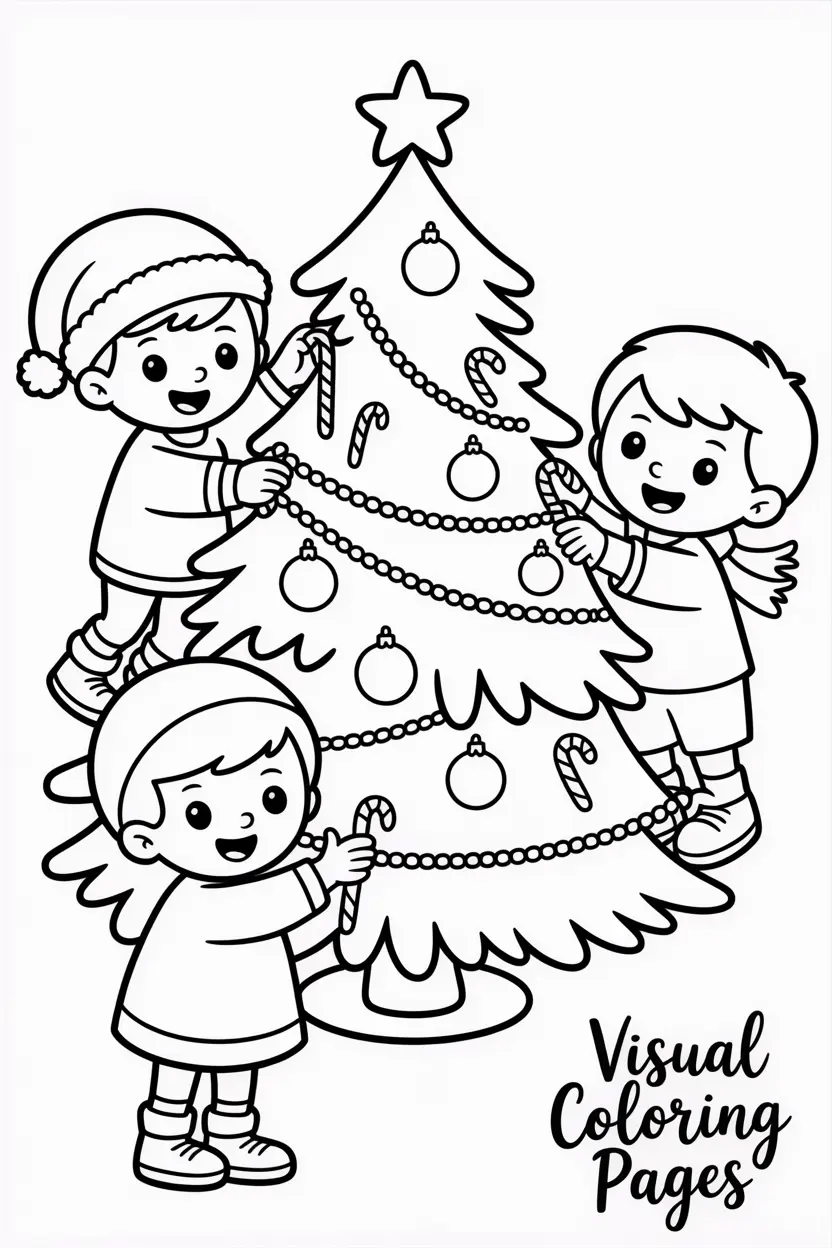 children decorating a christmas tree with ornaments and candy canes