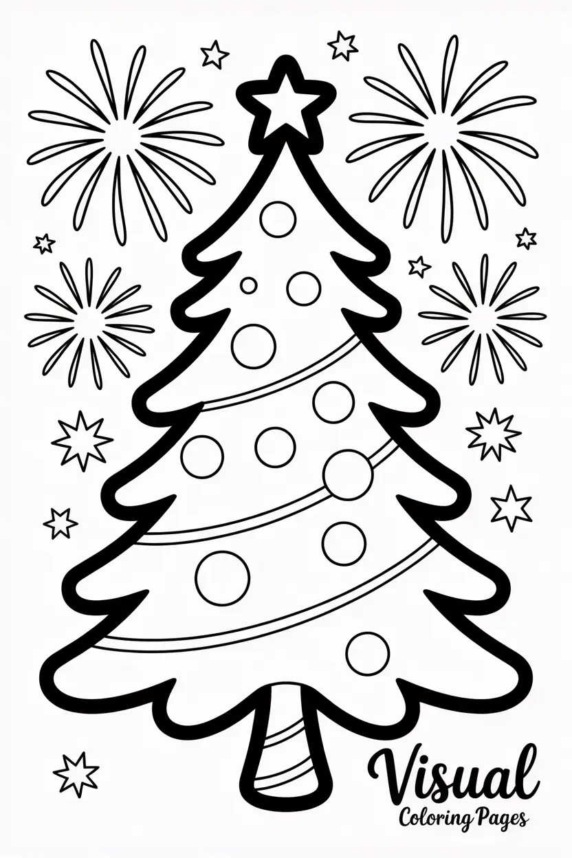 christmas tree surrounded by snowflakes and stars in the sky